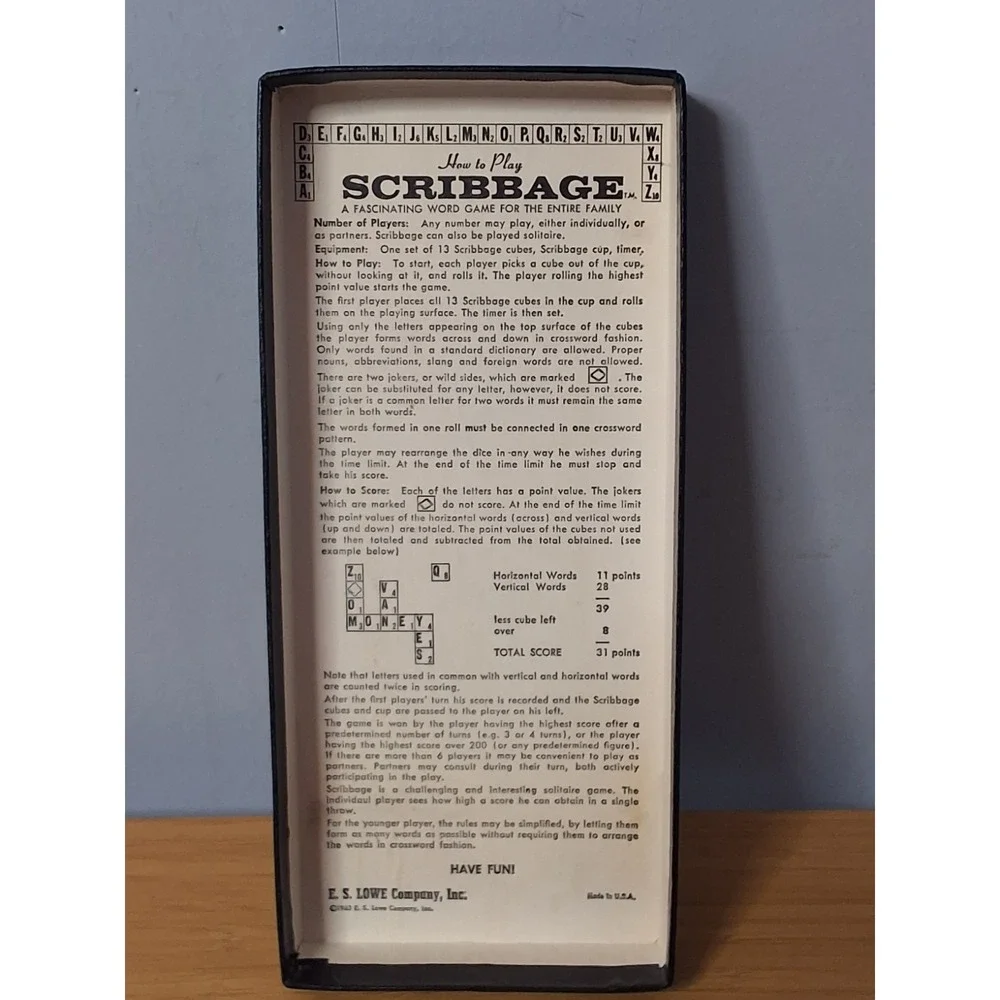 Vintage 1963 Scribbage Deluxe Game by E.S. Lowe  Black Box. Complete